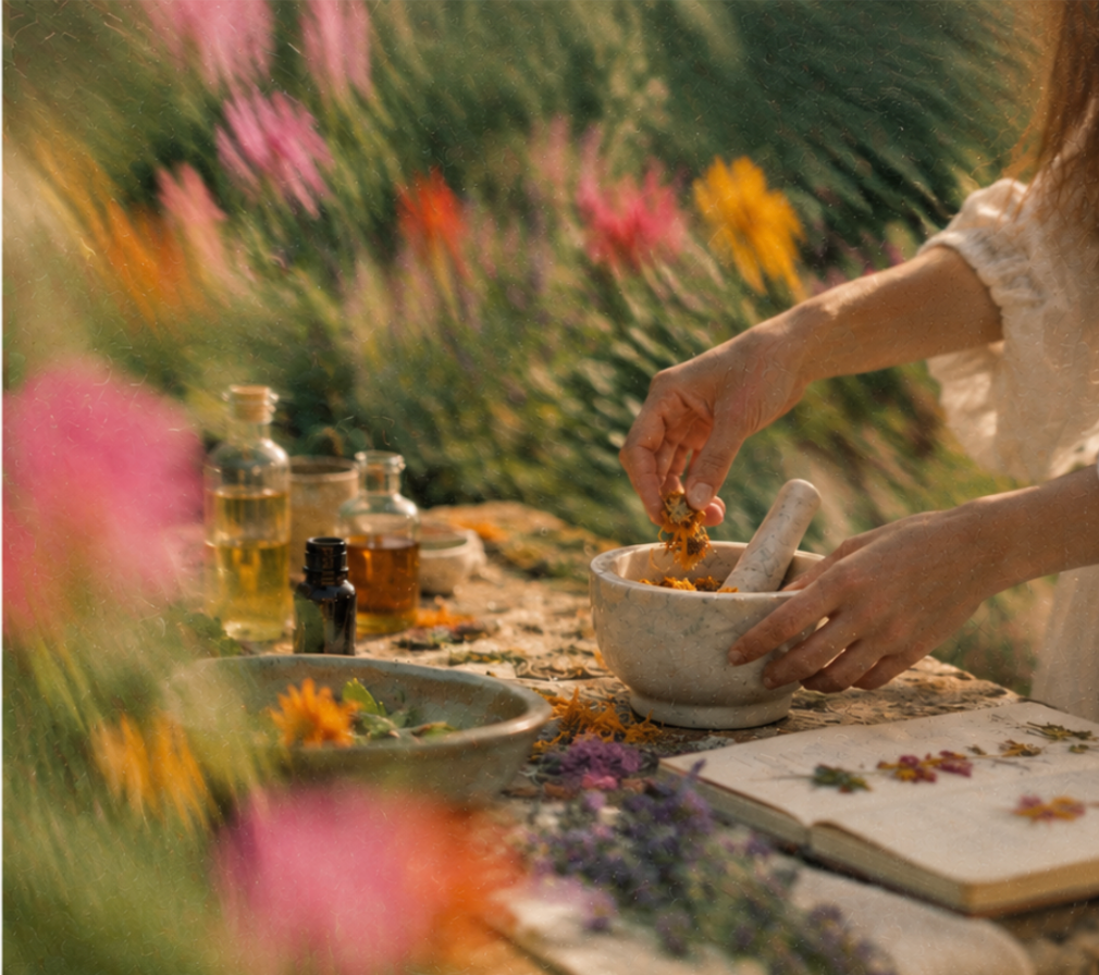 Mortero con flores y aceites